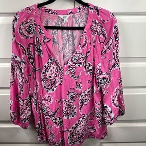 Crown & Ivy Bright Pink Paisley Flowy Bohemian Peasant Sleeve XL Extra Large Top